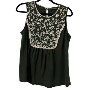 Tempted Hearts Dark Green Cream Crochet Embroidered Tank Top Women's Size L